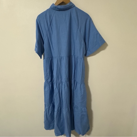 MNG Mango Frill Cotton Shirt Dress Blue Midi Linen Blend Tiered A-Line NWT-8 - Picture 3 of 10